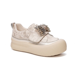 时尚水钻魔术贴休闲鞋女款2025秋冬新款加绒舒适厚底运动小白鞋子