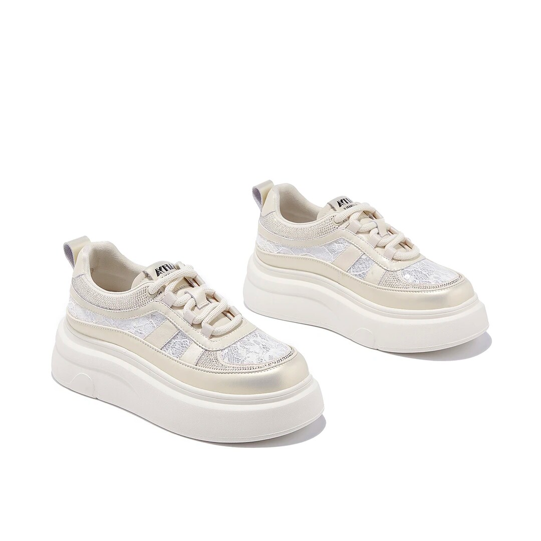 厚底6CM真皮蕾丝网面小白鞋女2026新款夏季透气镂空运动休闲鞋潮