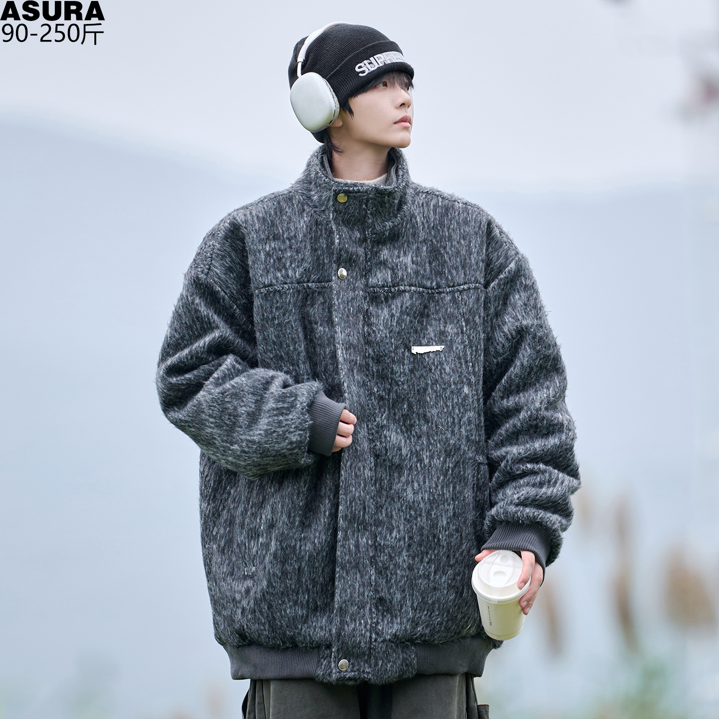 毛呢假两件棉衣棉服袄男加肥加大码潮牌胖子宽松街头厚款冬装外套