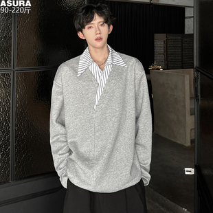 条纹拼接衬衫领假两件卫衣男加肥大码潮牌胖宽松早春装外套头港风