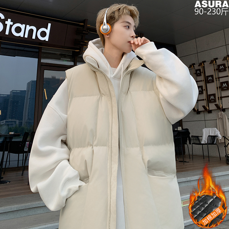 纯色工装夹棉马甲背心男加肥大码潮牌胖子宽松冬季无袖坎肩厚外套