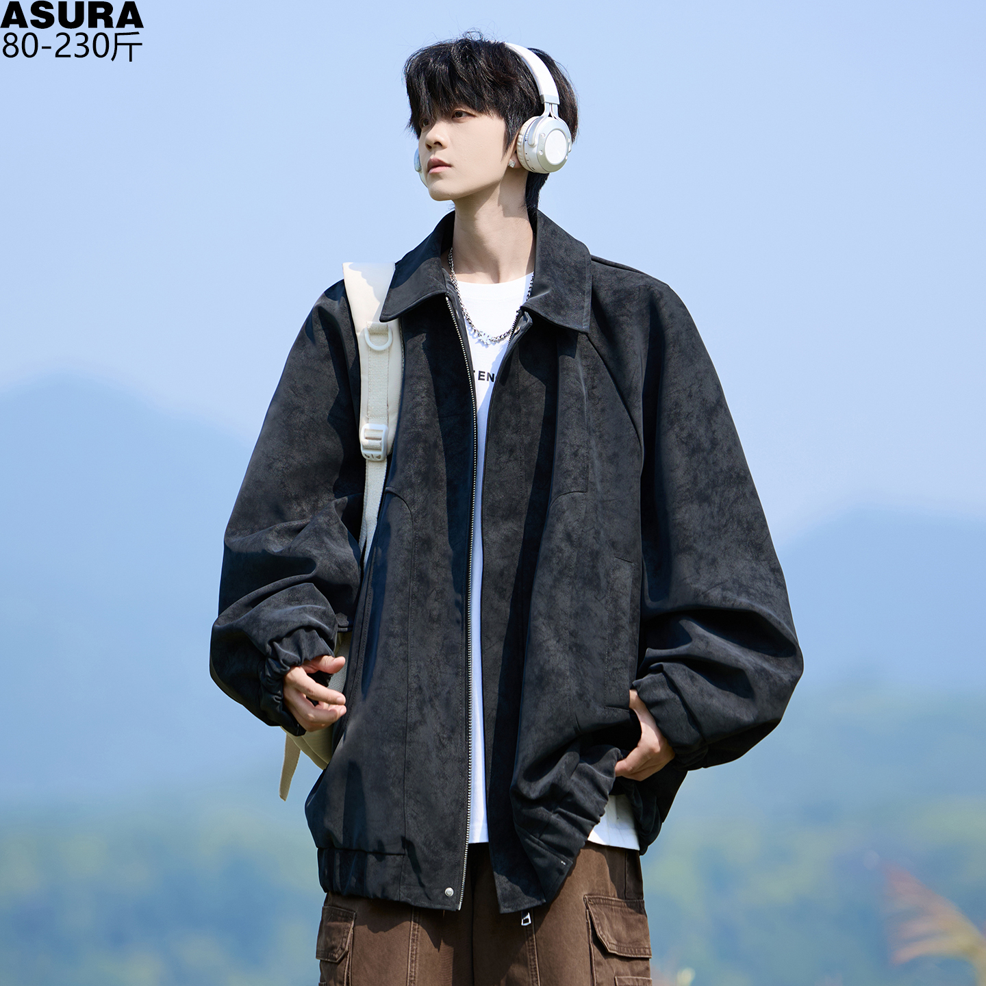 刺绣字母PU皮衣夹克男加肥加大码潮牌胖子宽松复古港味秋季装外套