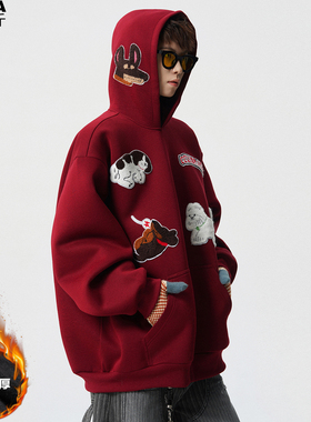 植绒刺绣小狗加绒卫衣男加肥加大码潮牌胖子宽松连帽厚款冬季痞帅