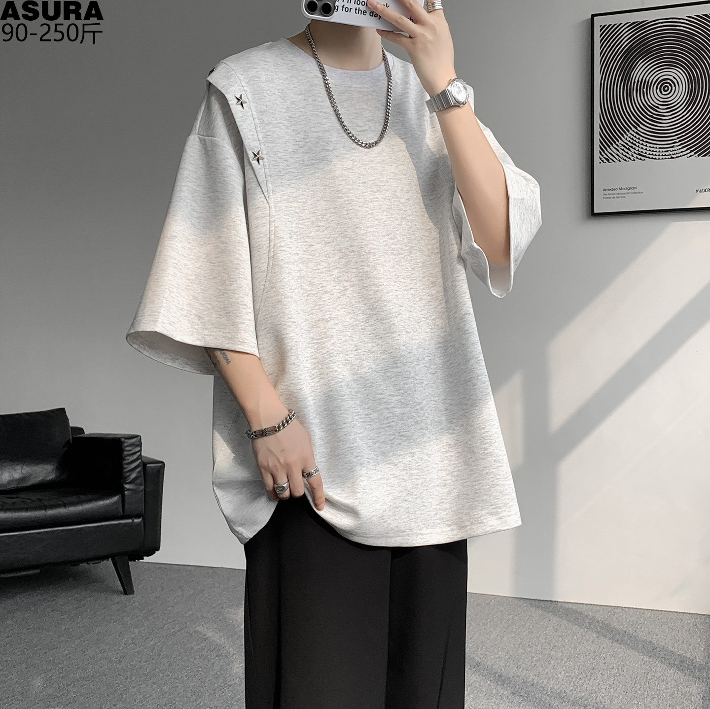 星星铆钉假两件拼接短袖T恤男加肥加大码潮胖宽松设计感夏季上衣