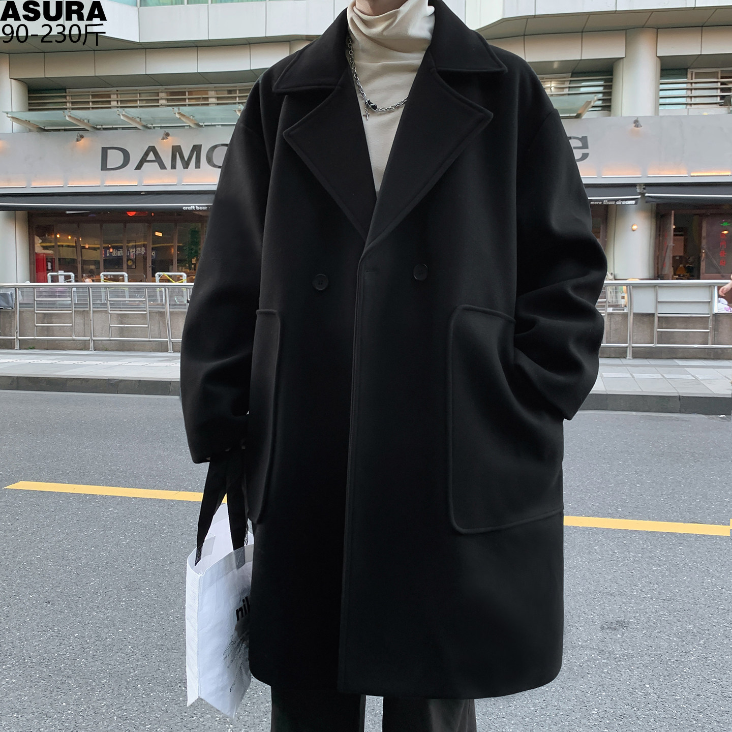 中长款毛呢两粒扣大衣男秋冬装加肥加大码潮牌胖子宽松阔韩版外套