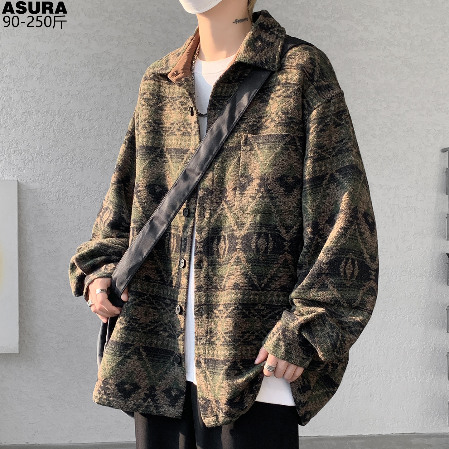 民族风粗花呢长袖衬衫男秋冬装加肥加大码潮牌胖藏式印花开衫外套