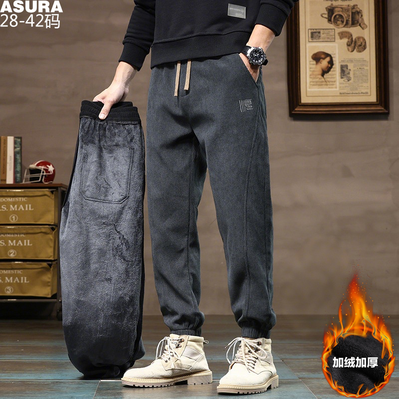 灯芯绒厚款加绒束脚裤长裤男士加肥加大码潮胖子宽松冬季保暖休闲