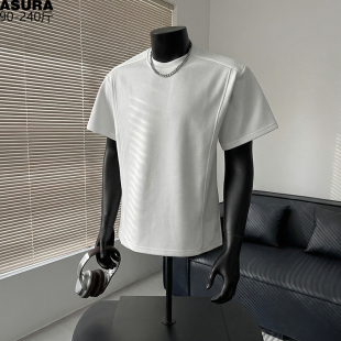 百搭上衣 潮牌胖子宽松夏季 极简风立体剪裁半短袖 T恤男加肥加大码