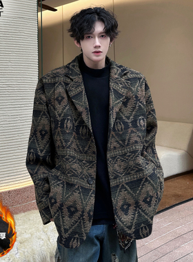 民族风复古中式毛呢加绒厚款西装男加肥加大码潮胖子宽松秋冬大衣