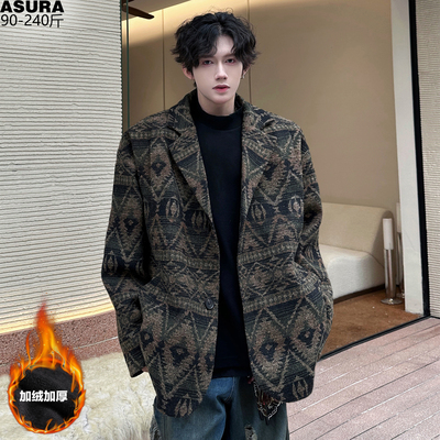 民族风复古中式毛呢加绒厚款西装男加肥加大码潮胖子宽松秋冬大衣