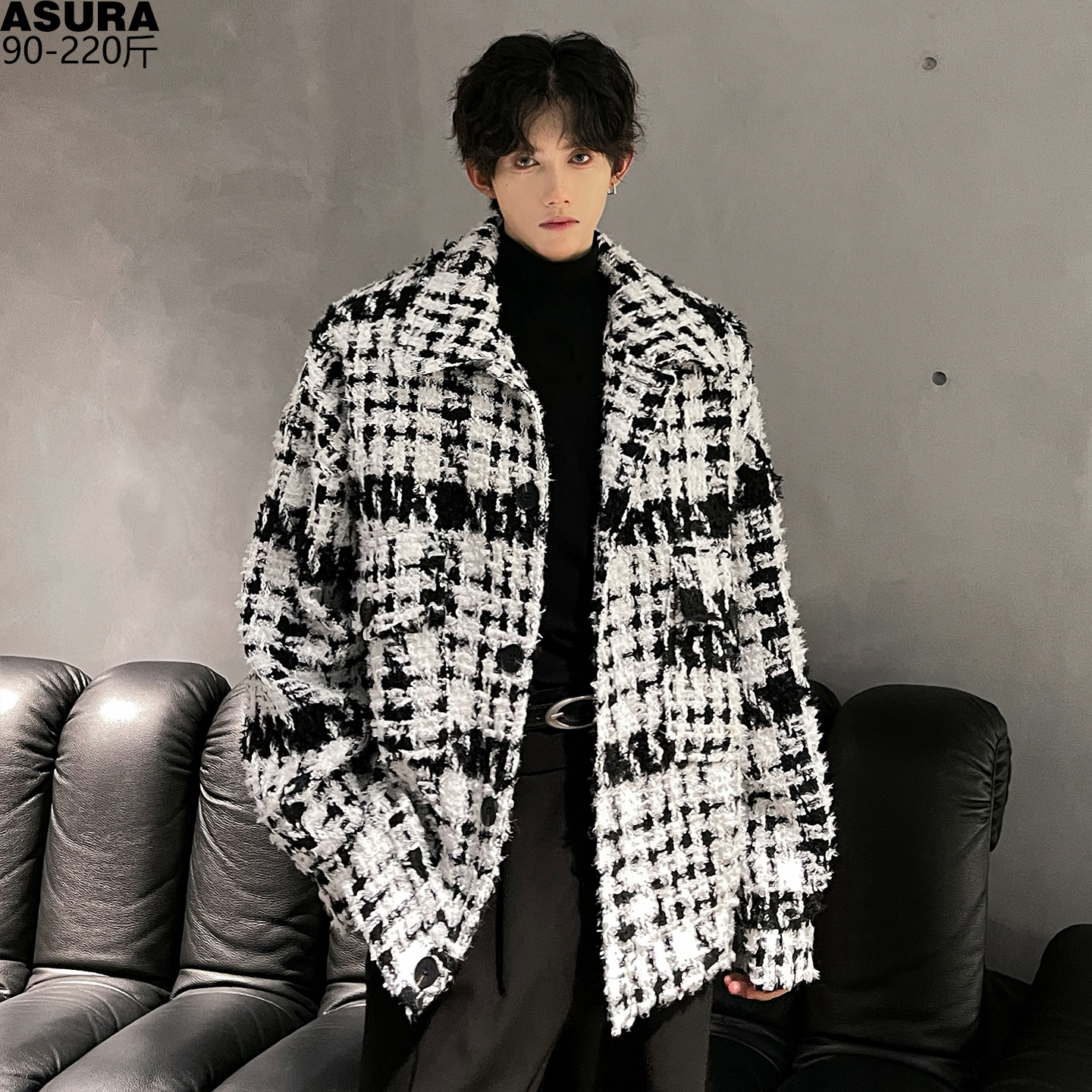 黑白格毛呢夹克男加肥加大码潮流胖子宽松小香风痞帅外套冬季街头