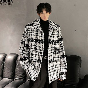 黑白格毛呢夹克男加肥加大码潮流胖子宽松小香风痞帅外套春季街头