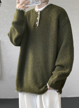 小众设计感亨利领针织衫毛线衣男加肥加大码潮流胖子宽松秋冬复古