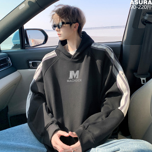 条纹运动加绒厚款卫衣男加肥加大码潮流胖子宽松连秋冬装美式百搭