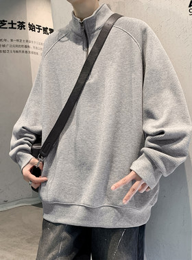 百搭条纹肌理立领半拉链卫衣男女加肥加大码潮流胖子宽松春季帅气