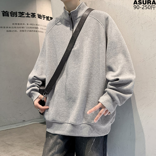 百搭条纹肌理立领半拉链卫衣男女加肥加大码潮流胖子宽松春季帅气