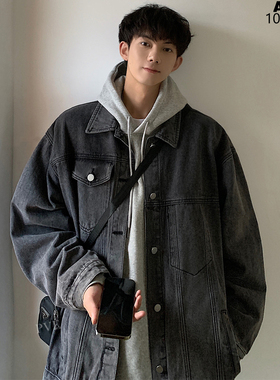 不对称工装牛仔夹克男上衣加肥加大码潮流胖子宽松外套春秋季痞帅