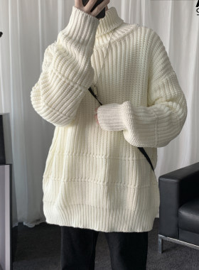 横条纹可翻高领针织衫毛线衣服男加肥加大码潮流胖子保暖冬装