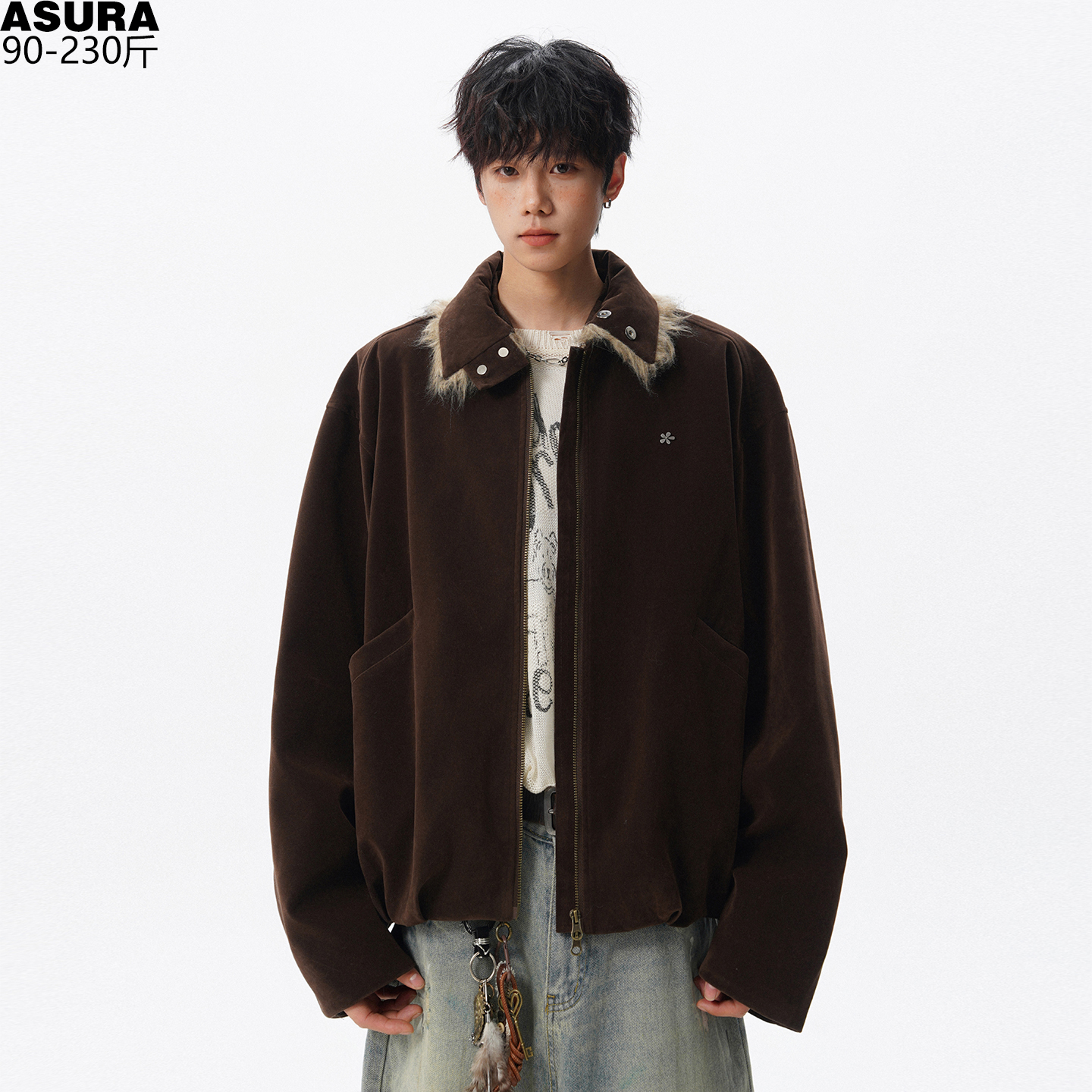 麂皮绒可拆卸翻领短款夹克男加肥加大码潮牌胖子宽松复古街头秋冬