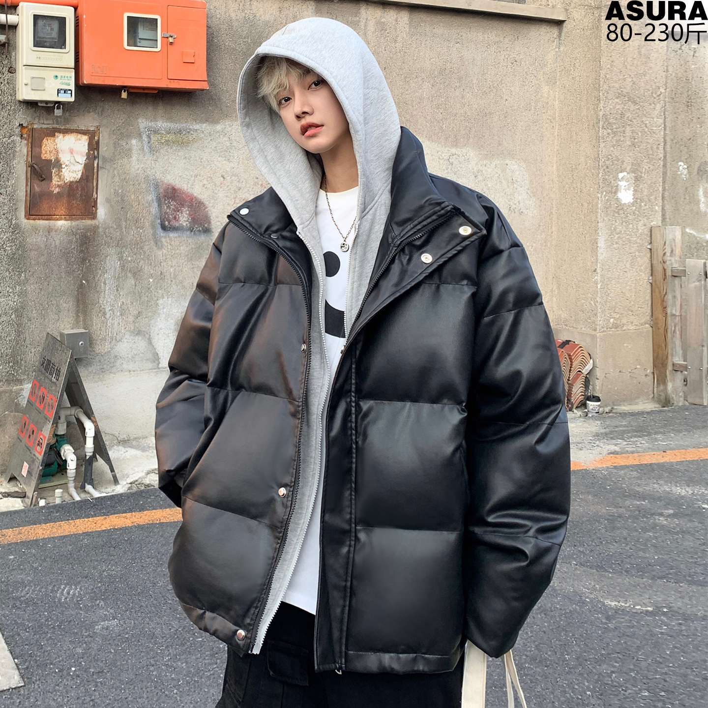 假两件拼料PU皮连帽羽绒服男加肥加大码潮牌胖子宽松街头短款冬装