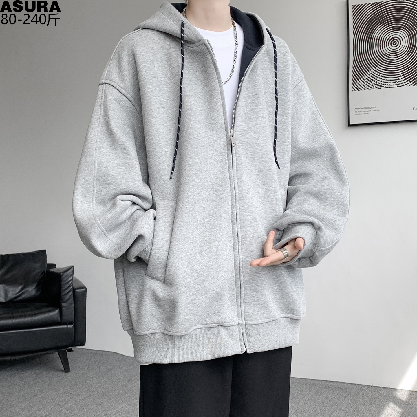 拼色开衫连帽卫衣男加肥加大码潮流胖子宽松外套运动秋季休闲帅气