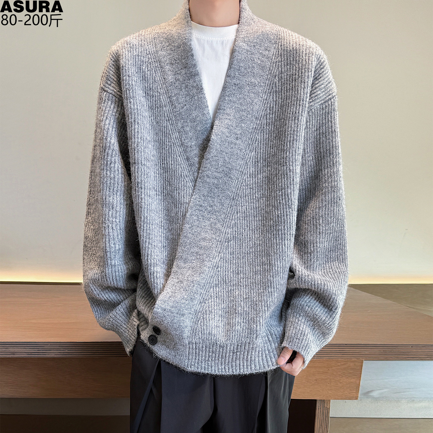 斜门襟针织衫慵懒风开衫V领毛线衣男加肥加大码潮流胖子宽松冬季