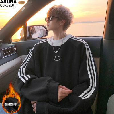 条纹运动加绒厚卫衣男加肥加大码潮流胖子宽松套头衫长袖T恤冬装