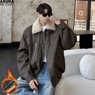 可脱卸羊羔毛领PU皮衣加棉夹克男加肥加大码潮牌胖子宽松做旧冬季