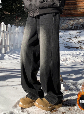 加绒厚牛仔长裤男加肥大码潮牌胖子宽松直筒裤秋冬季日系复古显瘦