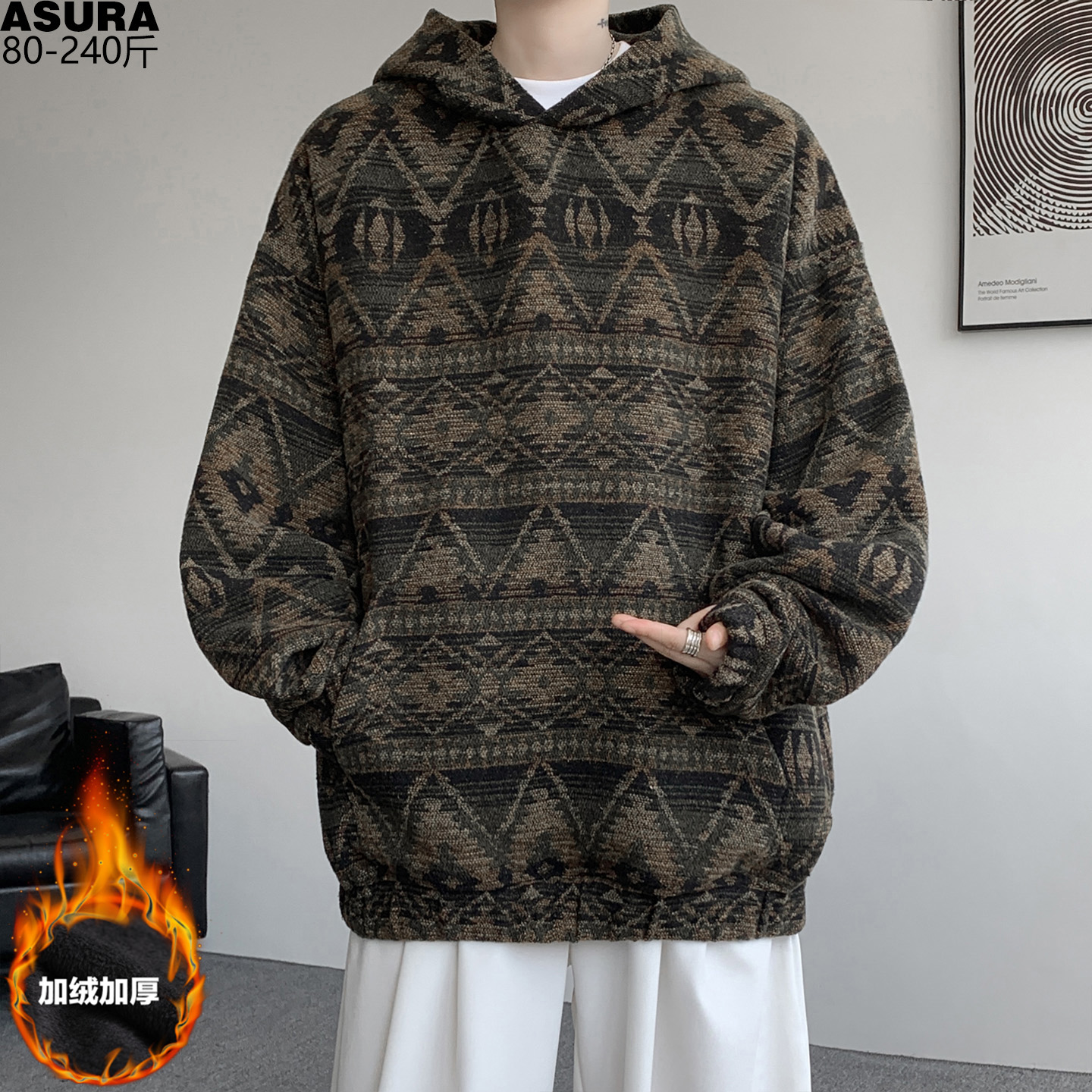 民族风提花加绒卫衣男加肥加大码潮胖子宽松连帽厚款秋冬重磅外套