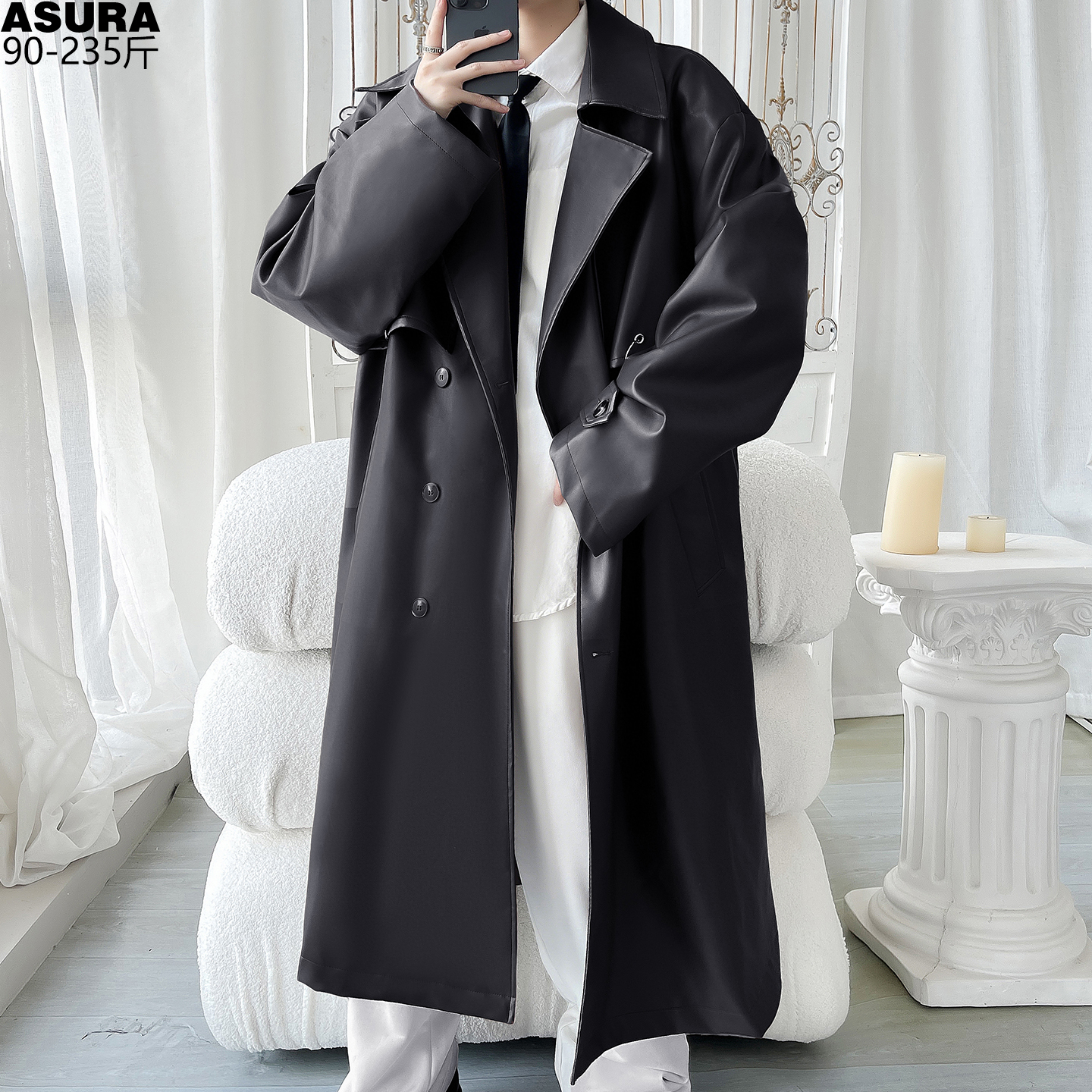 中长款PU皮风衣男加肥大码外套