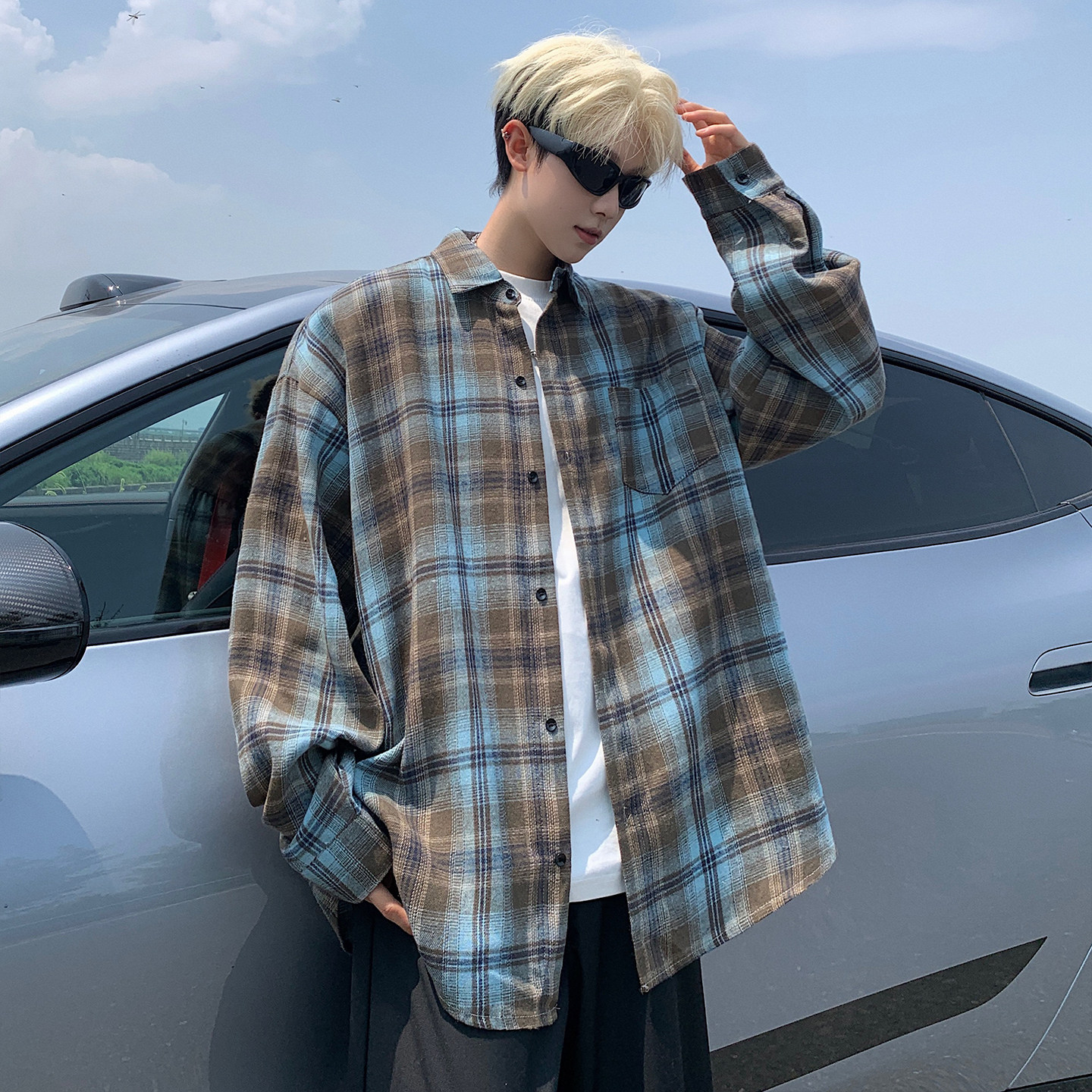 复古美式格子长袖衬衫男加肥加大码潮流胖宽松高级感痞帅春季外套