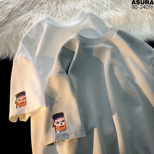 装 潮流胖子宽松圆领夏季 体恤港风 T恤男加肥加大码 华夫格印花短袖