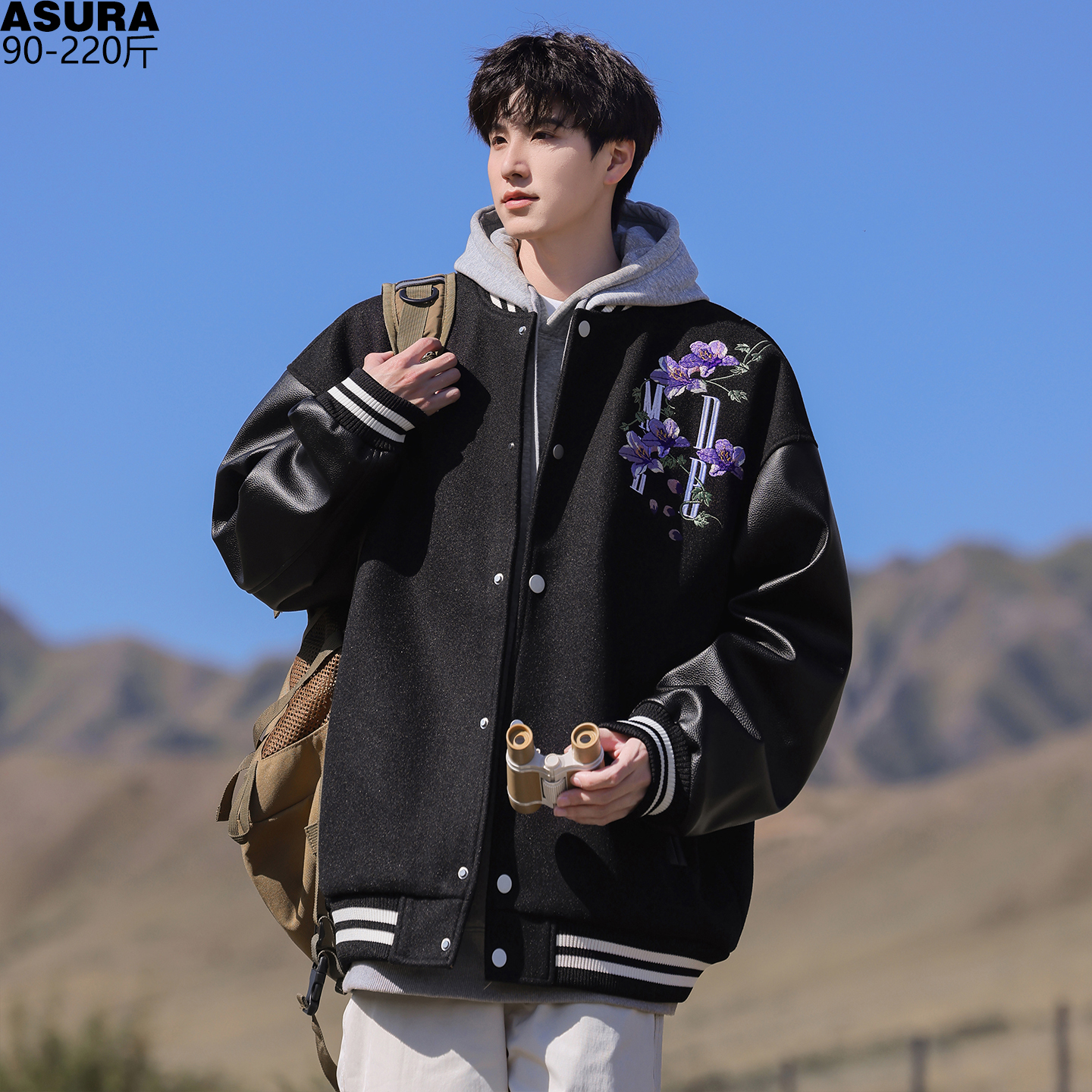 花朵刺绣毛呢棒球服夹克男加肥加大码潮胖子宽松重磅街头秋季嘻哈