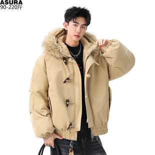 痞帅 潮牌胖子冬装 oversize宽松短款 牛角扣棉衣棉服袄男加肥加大码