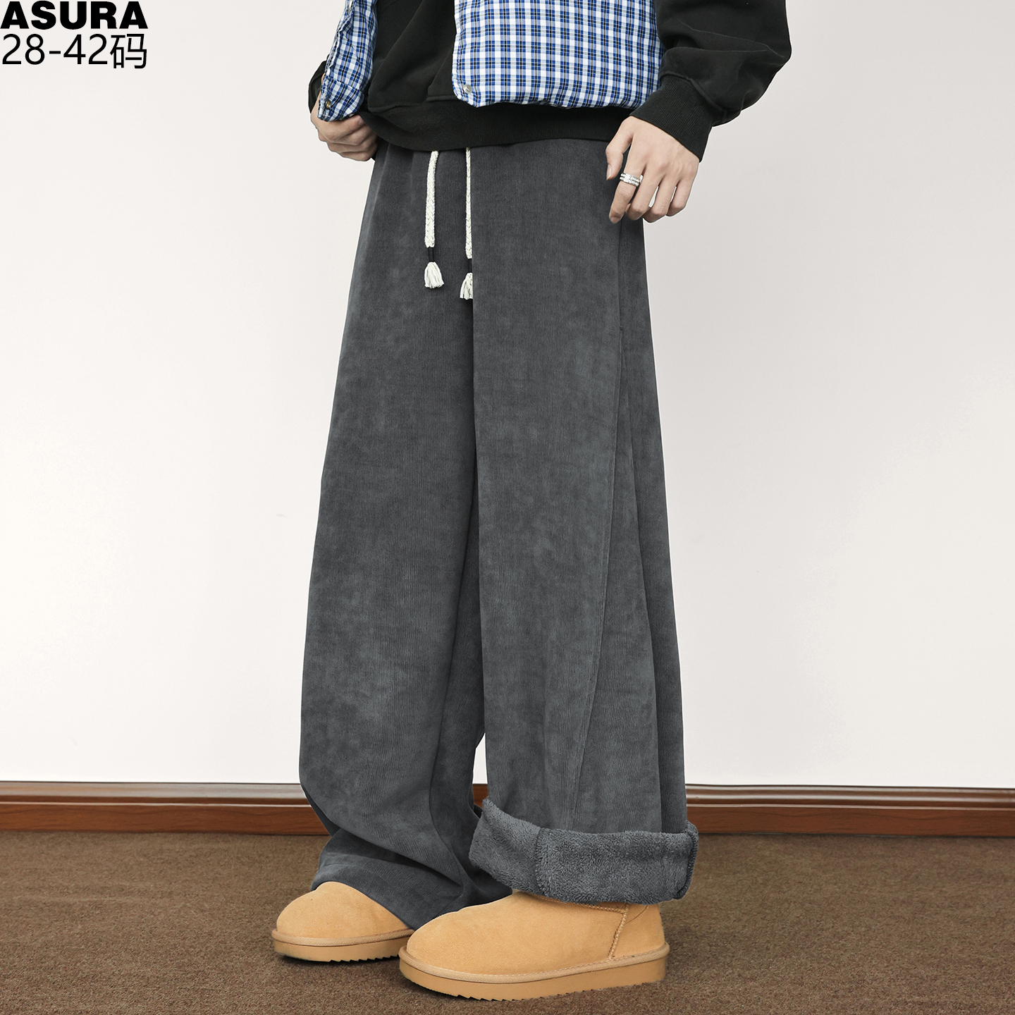 灯芯绒加绒厚弹力直筒裤长裤子男加肥加大码潮流胖宽松冬天装美式