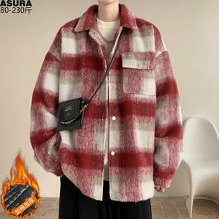 格子毛呢夹棉厚款夹克男加肥加大码潮牌胖宽松棉服外套冬天装保暖