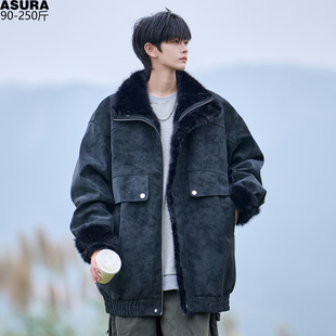 拼接毛绒PU皮扎染棉服男加肥加大码潮牌胖子宽松棉袄冬装保暖街头