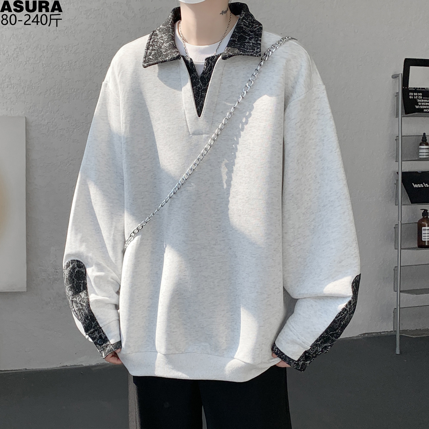 加绒厚款拼色Polo衫卫衣男加肥加大码潮牌胖子宽松重磅外套春秋装