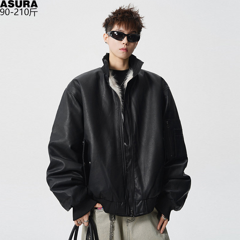 PU皮长毛内胆夹克男加肥加大码潮牌胖子宽松厚款冬装街头黑色外套