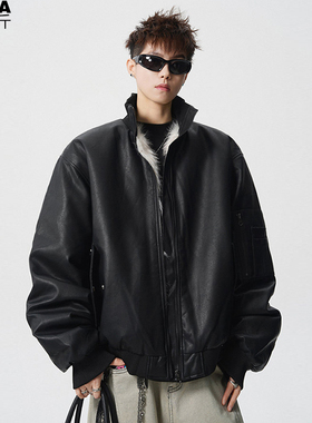 PU皮长毛内胆夹克男加肥加大码潮牌胖子宽松厚款冬装街头黑色外套