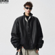 冬装 PU皮长毛内胆夹克男加肥加大码 潮牌胖子宽松厚款 街头黑色外套
