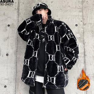 字母满印毛绒棉衣棉服男加肥加大码潮牌胖子冬装立领宽松保暖痞帅