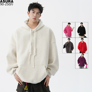 粗绳大帽衫卫衣男女加肥加大码潮牌胖子简约宽松情侣休闲高街外套