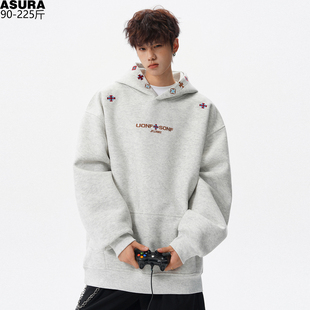 设计感刺绣连帽卫衣男加肥加大码潮牌胖子厚款加绒春天季宽松外套