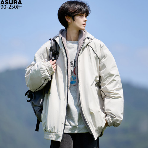男连帽加厚毛绒大码宽松棉服