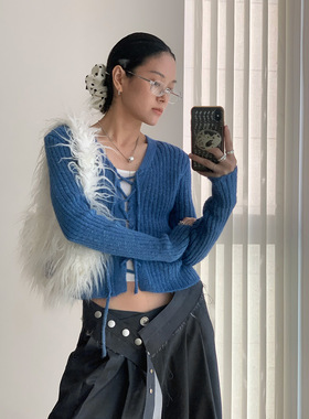 AMBOSC 秋季新品韩国Ins风设计感修身系绳开衫V领显瘦针织开衫女