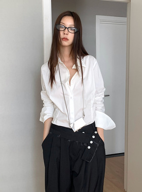 AMBOSC 韩国设计感气质无扣卷边单排扣长袖衬衫女百搭气质衬衣女