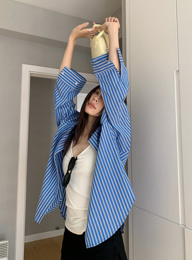 AMBOSC 夏季防晒韩国通勤蓝色条纹长袖衬衫女宽松撞色百搭衬衣女