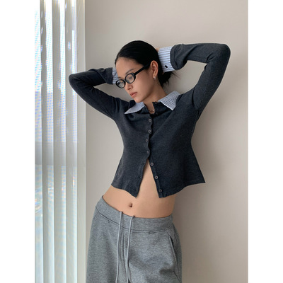 假两件衬衫领单排扣针织衫